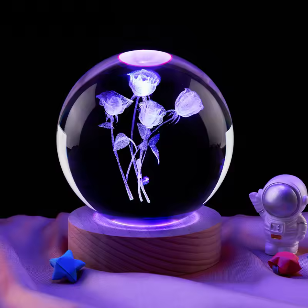 Rosas 3D, bola de cristal, grabado laser, luz nocturna