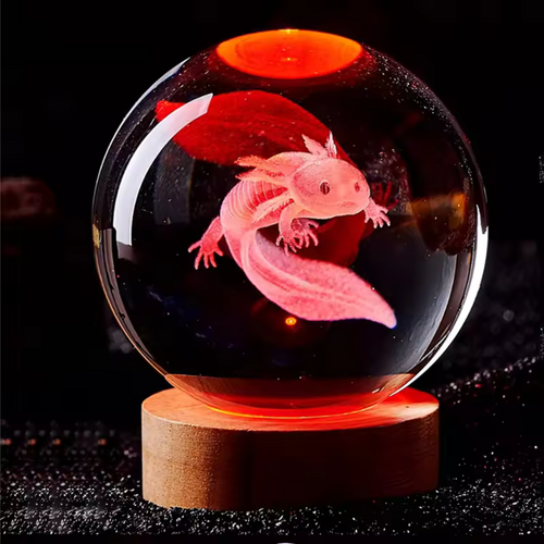 Ajolote 3D, grabado laser, bola de cristal, luz nocturna