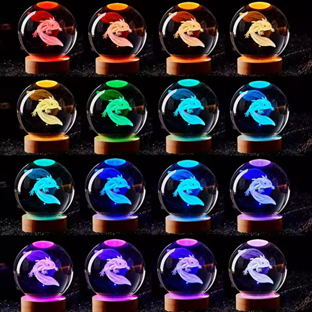 Ajolote 3D, grabado laser, bola de cristal, luz nocturna