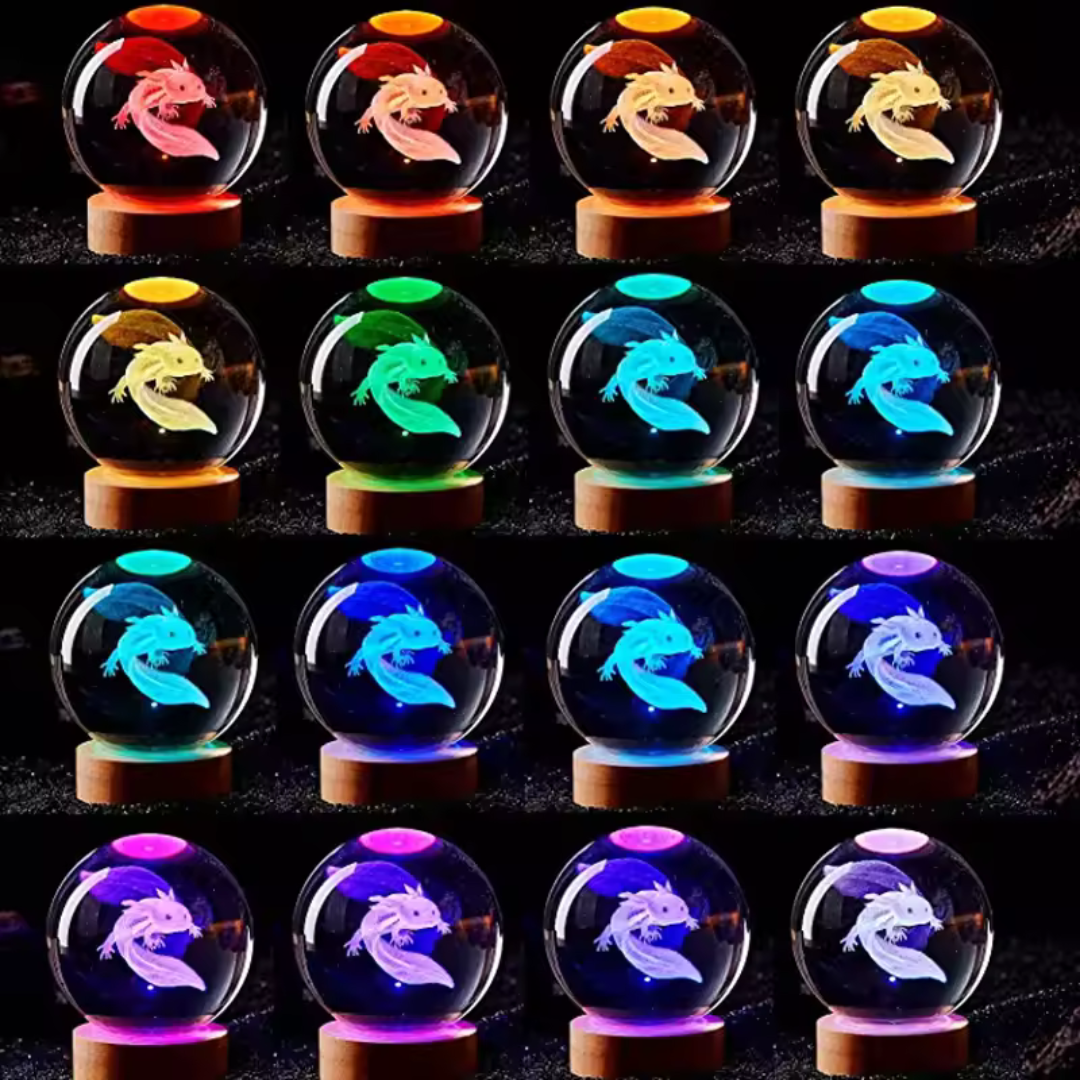 Ajolote 3D, grabado laser, bola de cristal, luz nocturna