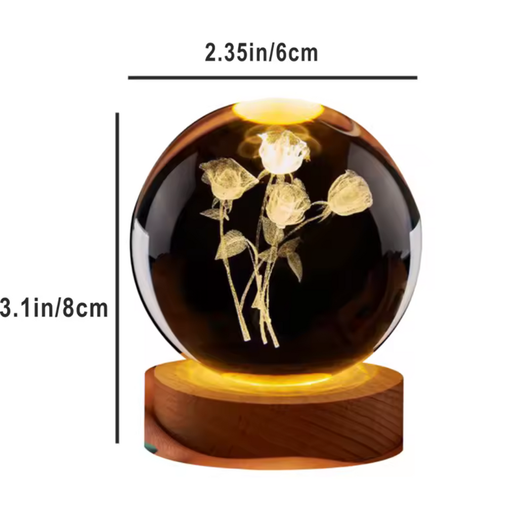 Rosas 3D, bola de cristal, grabado laser, luz nocturna