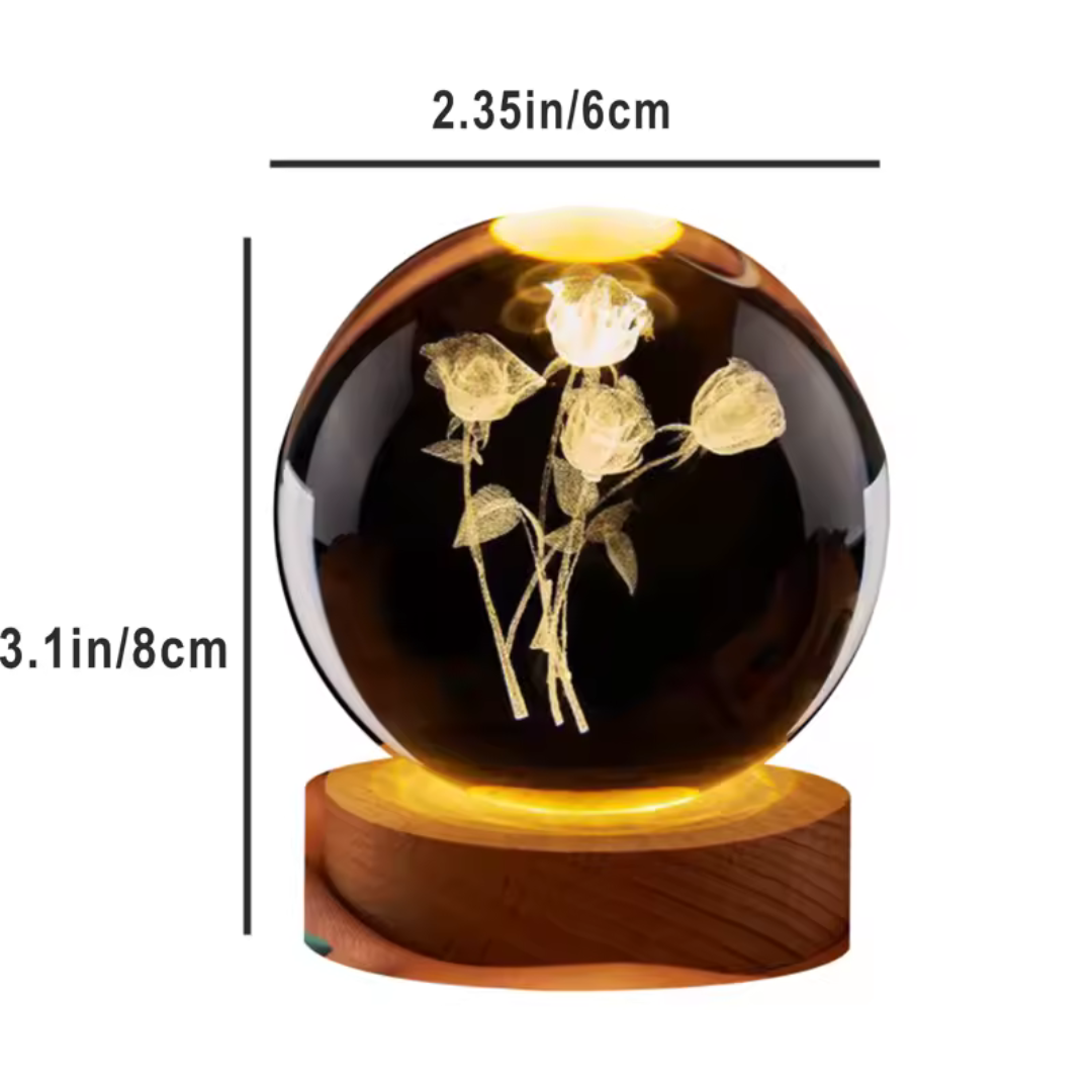 Rosas 3D, bola de cristal, grabado laser, luz nocturna