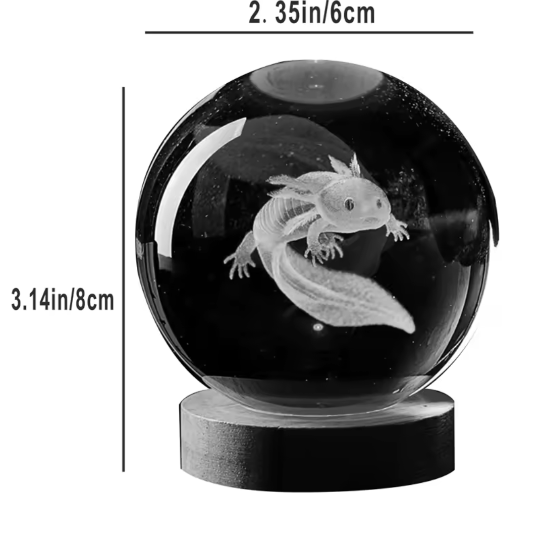 Ajolote 3D, grabado laser, bola de cristal, luz nocturna
