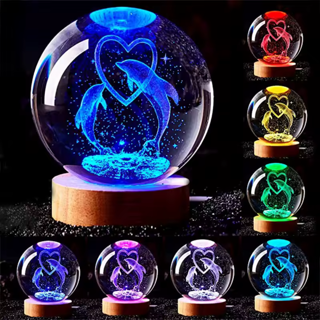 Delfines 3D, bola de crista, grabado con laser, luz nocturna