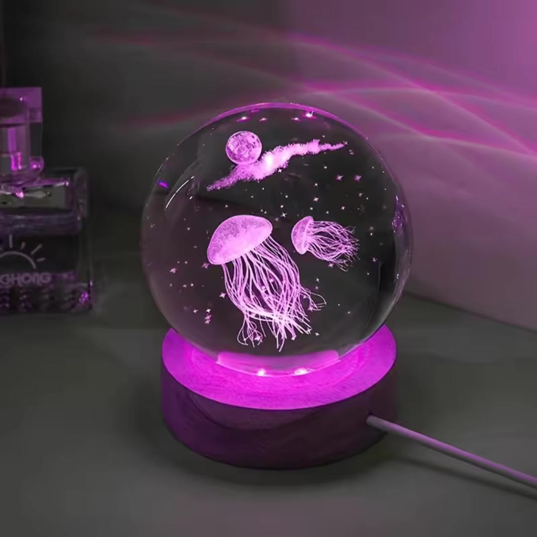 Medusa 3D, bola de cristal grabada con laser, luz nocturna LED, regalo.